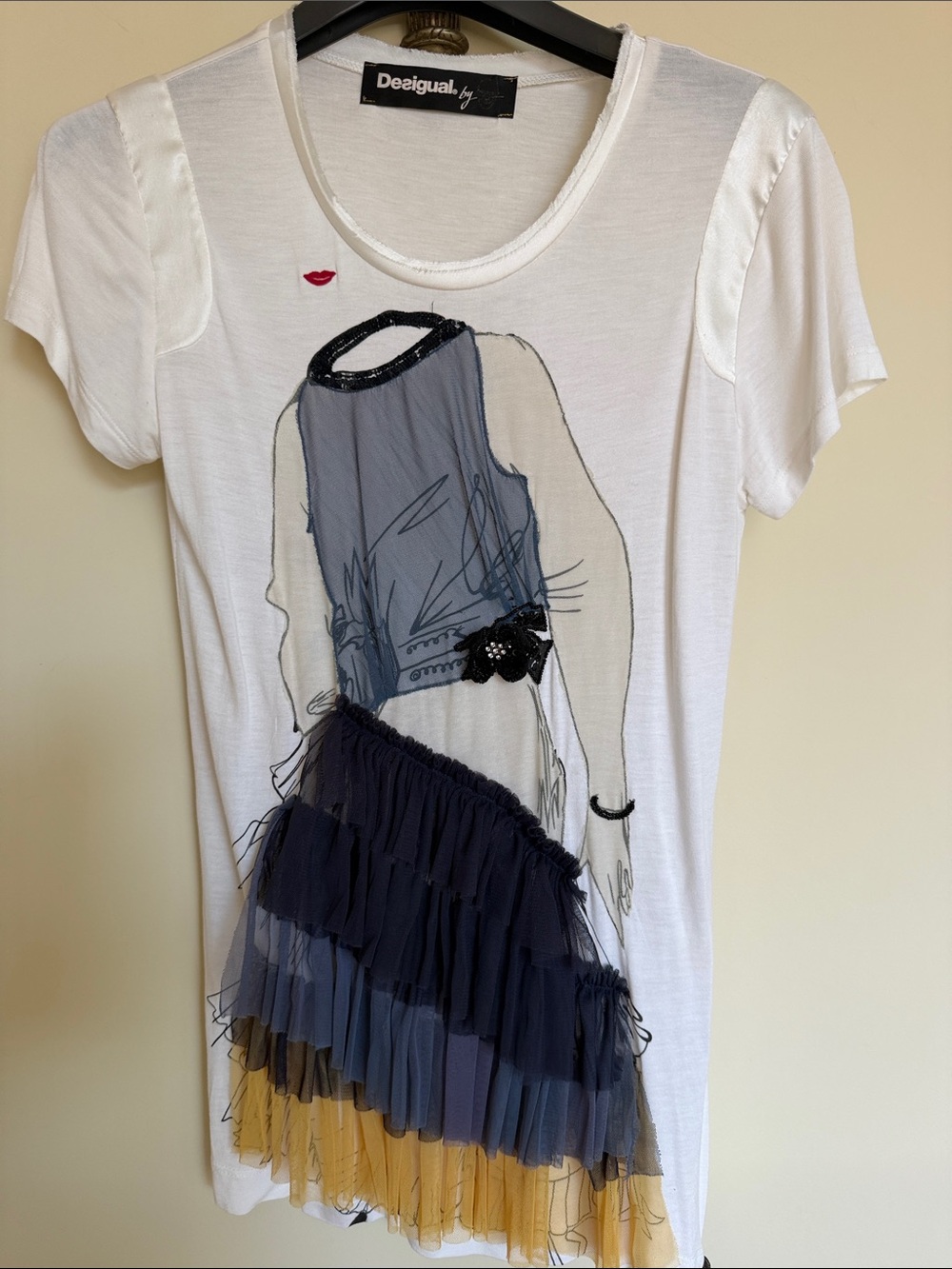 Desigual White Tee with Navy & Mustard Layered Tulle Detail
